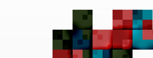 A pattern of red and blue rectangles stacked symmetrically on a white background creates an electric blue facade with tints and shades of magenta. Shapes include circles and squares