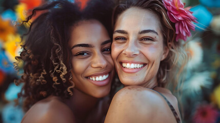 Obraz premium Two multiracial women sharing a joyful moment, their smiles complemented by vibrant tropical flowers and foliage.
