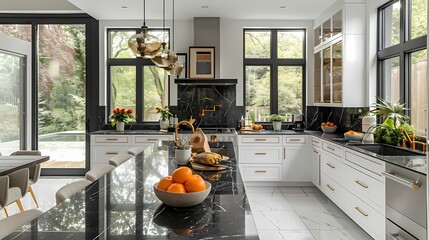 A sleek and modern kitchen with black quartz countertops, white cabinetry, and gold hardware,...