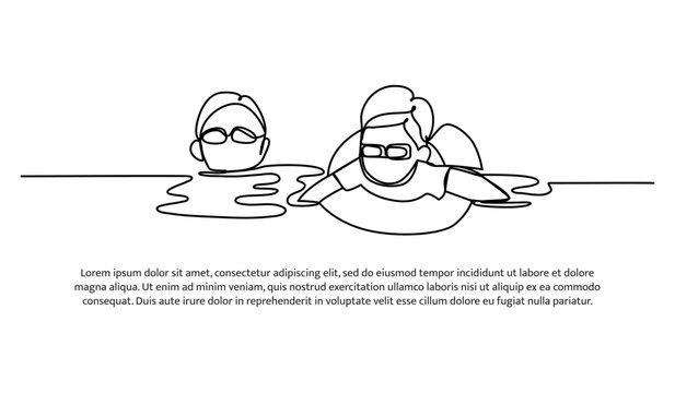 Continuous line design of boys swimming together. Single line decorative elements drawn on a white background.