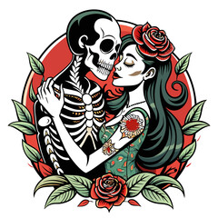 Vintage style tattoo featuring a skeleton couple holding hands, with intricate floral patterns intertwining around them.