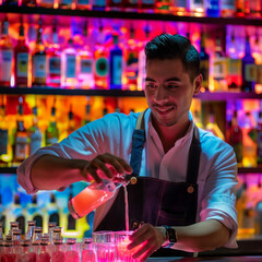 Bartender preparando y sirviendo cocktails