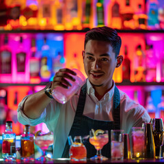 Barman preparando y sirviendo cocktails