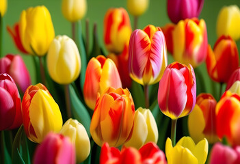 A close-up photo of red, yellow, and purple tulips in a garden with greenery in the background