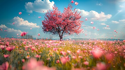 Obraz premium Blossoming tree in vibrant spring meadow art