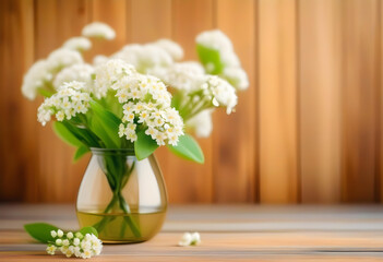 A modern vase with white flowers on a wooden table against a white wall with copy space