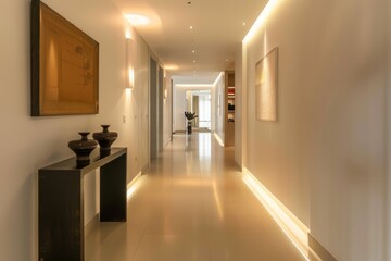 A minimalist hallway with sleek flooring, minimalist artwork, and strategically placed lighting, guiding the eye through, Generative AI