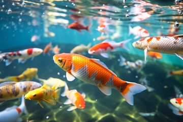 A golden goldfish with flowing fins swims in a clear aquarium