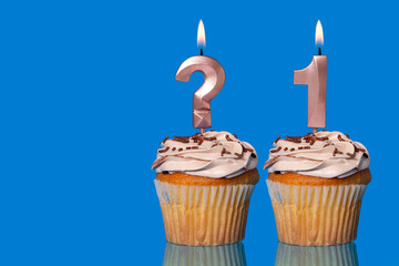Birthday Cupcakes with Lit Question Mark Candle and Number 1