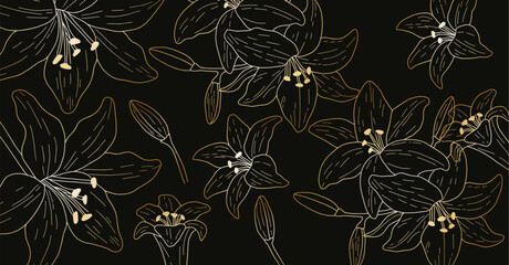 Seamless pattern, hand drawn outline gold flowers on black background