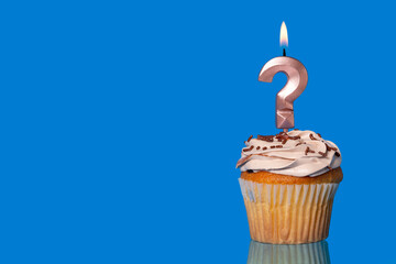 Birthday Cupcake with Lit Question Mark Candle