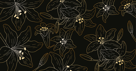 Seamless pattern, hand drawn outline gold flowers on black background