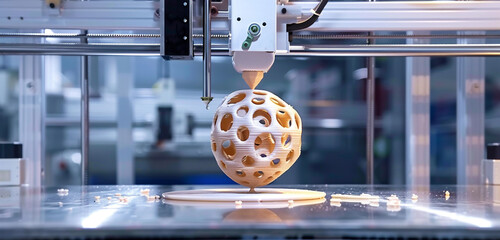 A 3D printer in action, creating intricate objects layer by layer with precision, in a clean and modern industrial environment.