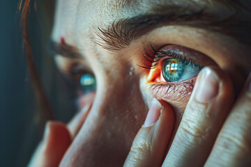 A close-up of an eye with redness and irritation, symbolizing eye strain and health concerns. Concept of vision problems.
