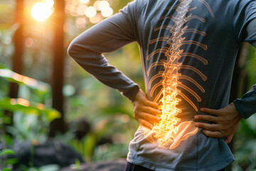 A man holding his lower back with highlighted pain, symbolizing spinal problems and posture issues. Concept of back pain.
