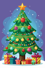 Christmas tree with toys and gifts on a purple background close-up