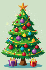 on a light green background, close-up of a Christmas tree with toys and gifts