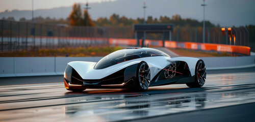 A futuristic vehicle prototype on a test track, powered by advanced propulsion technology and...