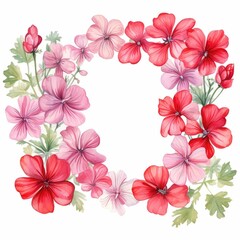 geranium themed frame or border for photos and text.clusters of red, pink, and white blooms. watercolor illustration, Element for design of cards, stationery and packaging.