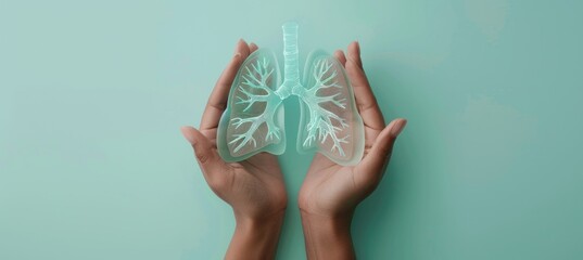 female hands holding a transparent model of human lungs on a teal background, World Cancer Day - Powered by Adobe