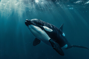 Fototapeta premium orca swims through the coral reef in the tropical ocean