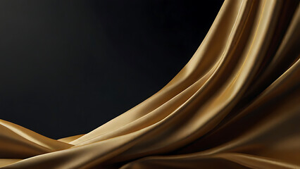 Abstract gold silk fabric flowing mid air on dark empty space background. Luxurious textile material backdrop. Generative AI.