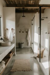 Fototapeta premium A tranquil bathroom with minimalist fixtures, clean lines, and a spacious shower area, providing a calming space, Generative AI