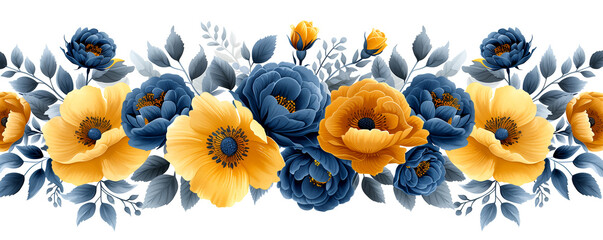 Vibrant mix of yellow and electric blue flowers on white background
