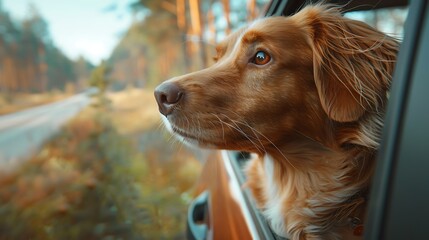 Dog travel by car, Nova Scotia Duck Tolling Retriever enjoying road trip