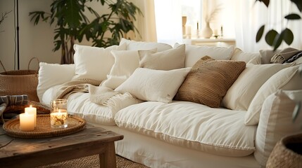 Cozy Scandinavian Inspired Boho Living Room with Plush Sofa and Natural Accents