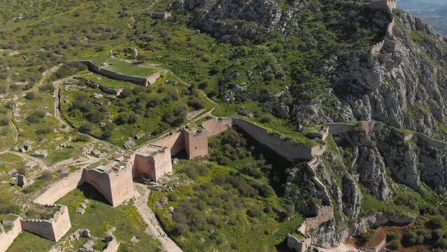 Acrocorinth Historical Place In The Medieval Town Of Corinth In Southern Greece. Aerial Drone Shot