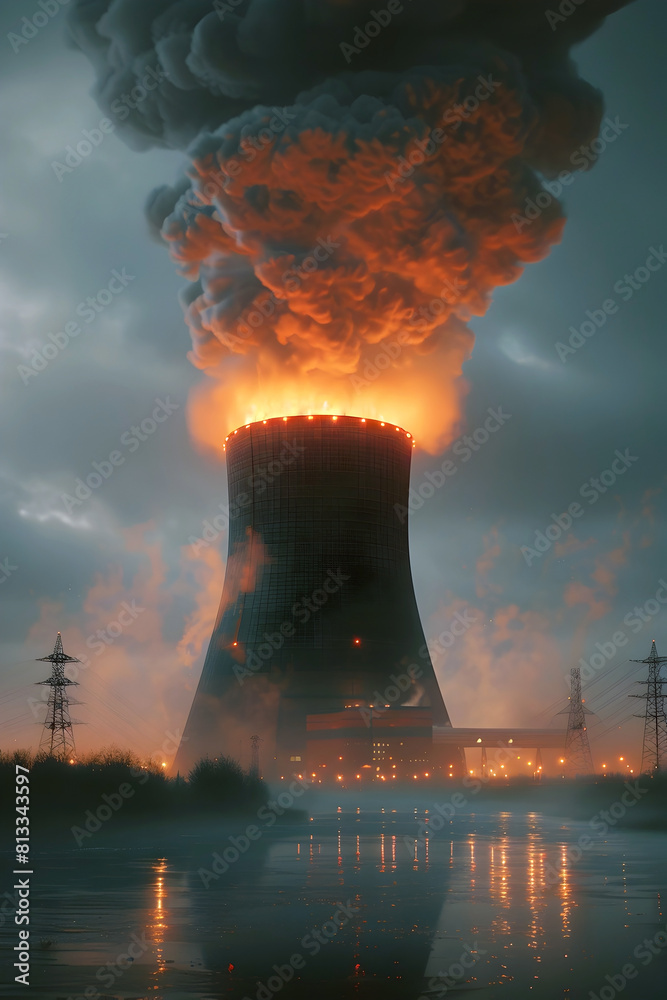 Wall mural Dramatic Nuclear Power Plant Explosion in Cinematic 3D Rendering with Minimalist Style