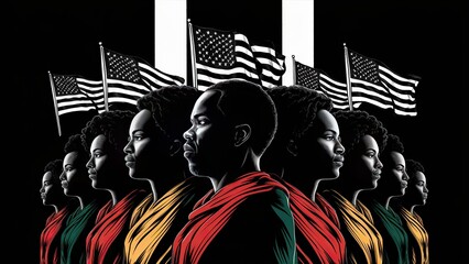 "Juneteenth freedom day" African-American people face in profile in red yellow green colors on black background