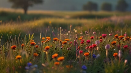 Morning Beauty: A vibrant summer meadow with a breathtaking field of flowers under a clear blue sky