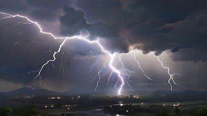 Lightning illuminates the dark stormy night sky over the fields