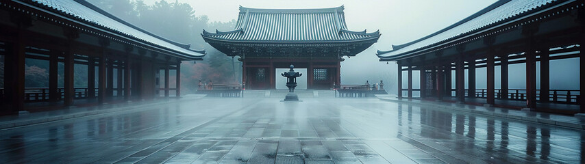 Serene Japanese Temple in Foggy Weather