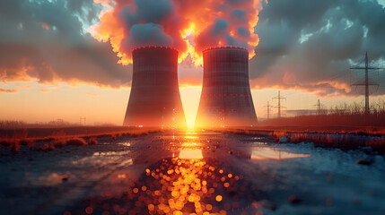 Dramatic Sunset Over Towering Nuclear Power Plant Smokestacks:Exploring Socioeconomic Impacts of Energy Infrastructure