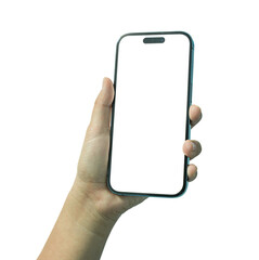 Hand hold mobile smartphone isolated on transparent background. PNG File Format