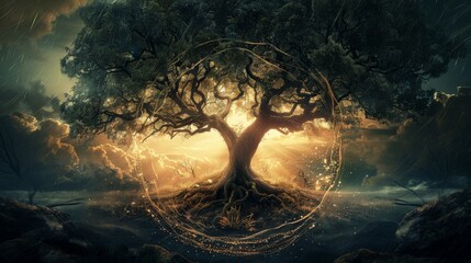 Illustration of a tree with roots and branches intertwining to form a circle, representing the cycle of life and eternity 