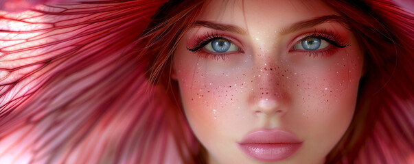 Obraz premium A woman with blue eyes and red hair is wearing a pink hat