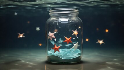 Paper stars in a glass bottle on a blurred background