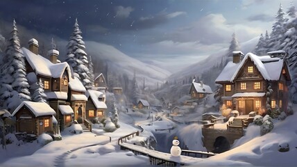 Snow village, snow on house rooftops, Christmas festival, snowmen