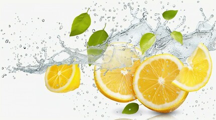 Juicy Burst: Lemon Fruit Slice, Leaves, and Splashing Water