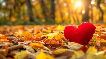 Red pillow in the shape of a heart on bright yellow leaves in the forest - Powered by Adobe