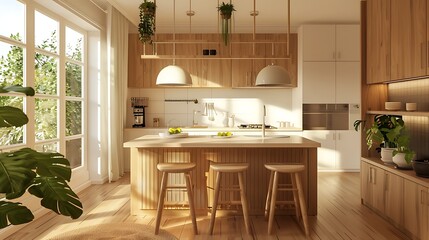 Scandinavian classic kitchen with wooden and white details minimalistic interior designScandinavian classic kitchen with wooden and brown details minimalistic interior design