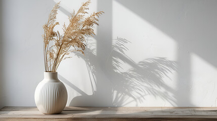Modern white ceramic vase with dry grass on wooden tab Bunch of dried flower in a gray ceramic vase on a wooden table against wall of white color. Generative Ai