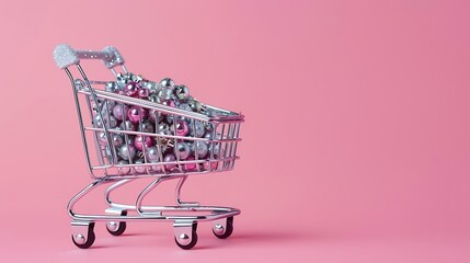 Shopping trolley with silver christmas beads on a pink background
