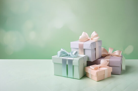 Delicadas cajas de regalos con mo&ntilde;os en tonos pastel con fondo verde. Imagen horizontal con desenfoque y espacio negativo para rellenar. IA generativa.