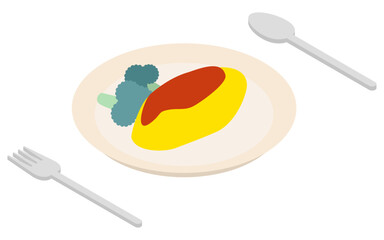Isometric illustration of omelette and broccoli