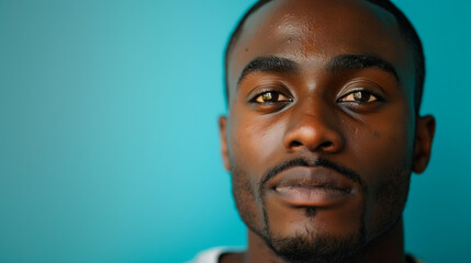 Close-Up Portrait of a Young Man Against a Teal Background During Daytime, Generative AI